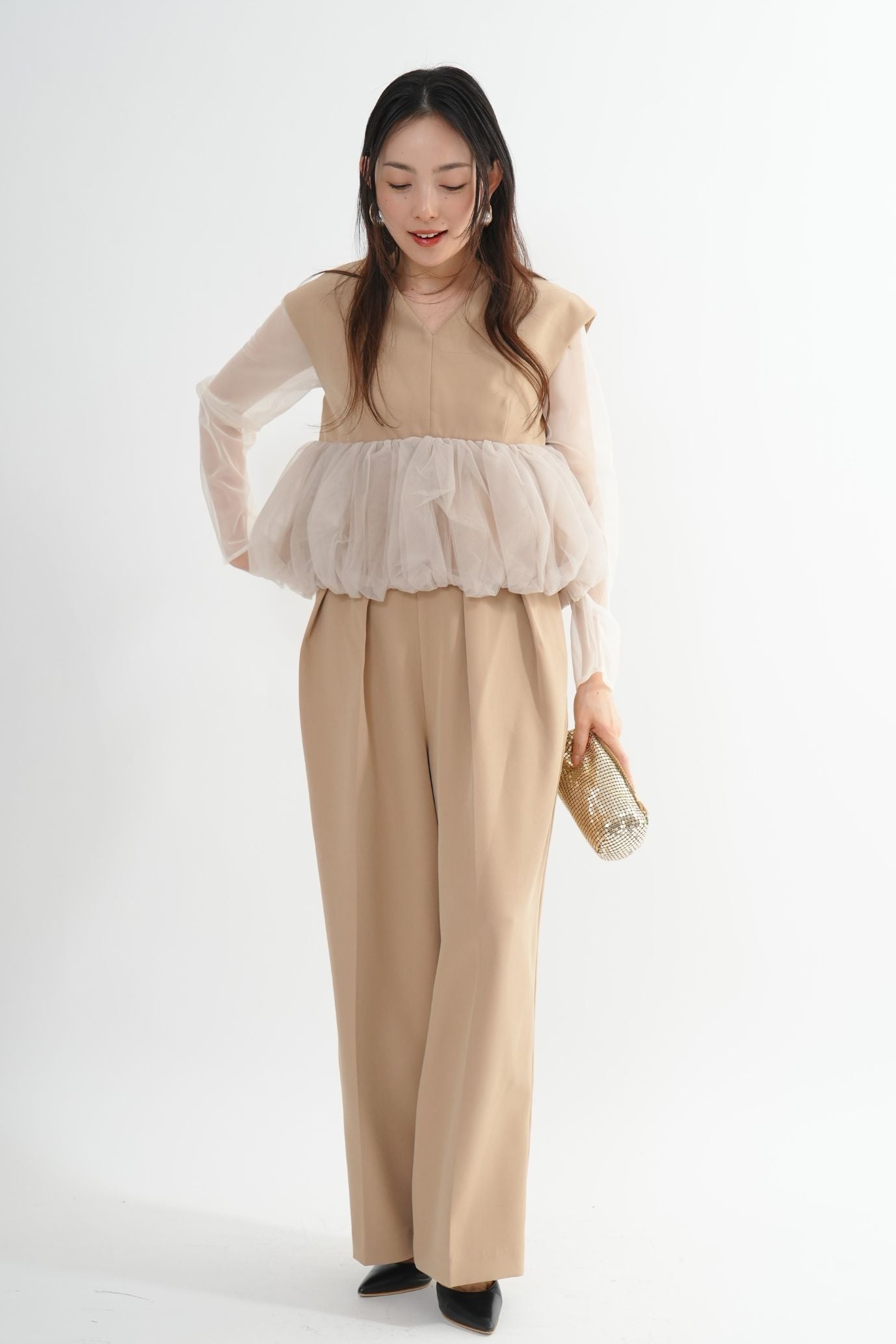 ペプラムチュールパンツドレス<3pcs SET>
