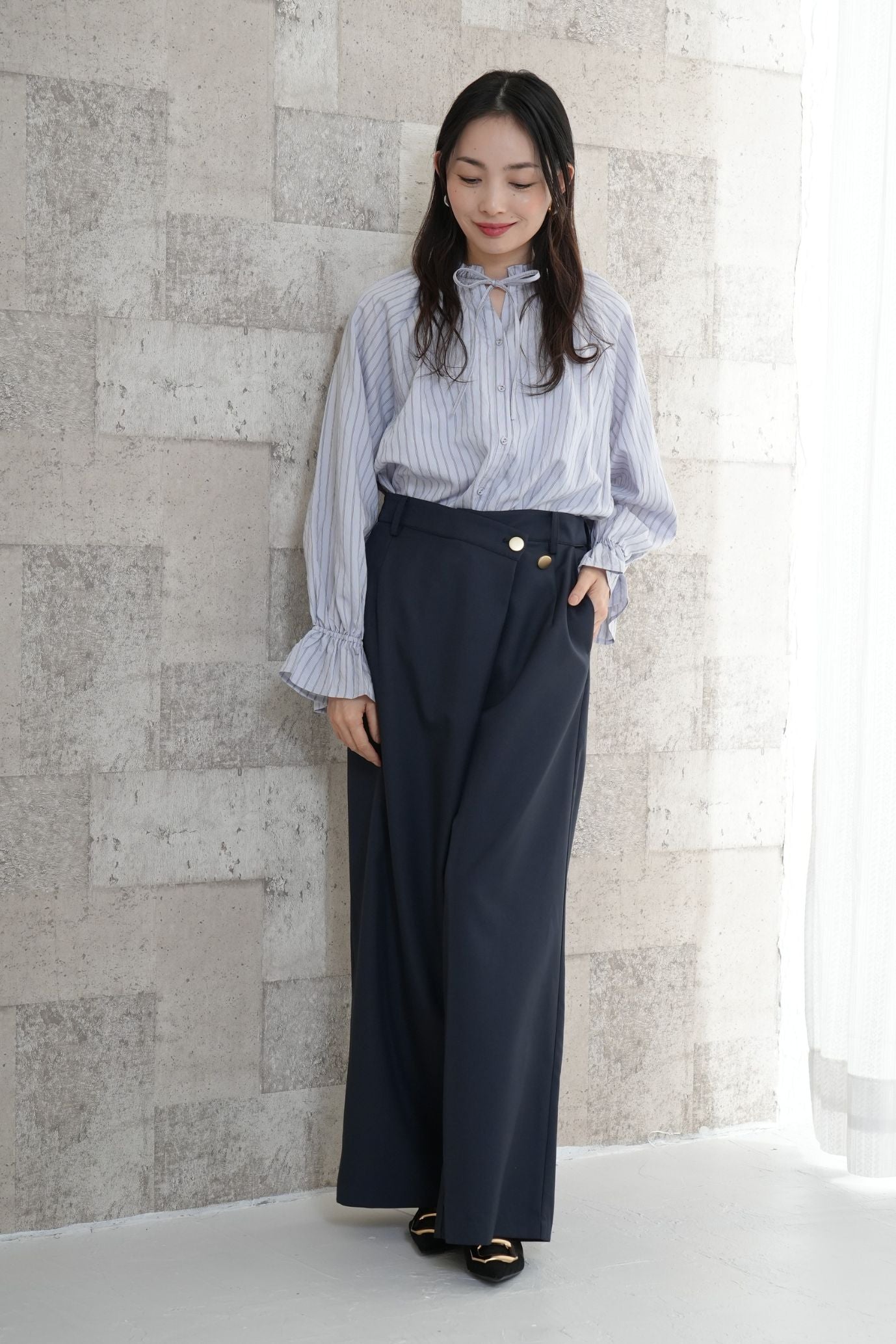 <50%OFF>ストライプフリルカラーブラウス