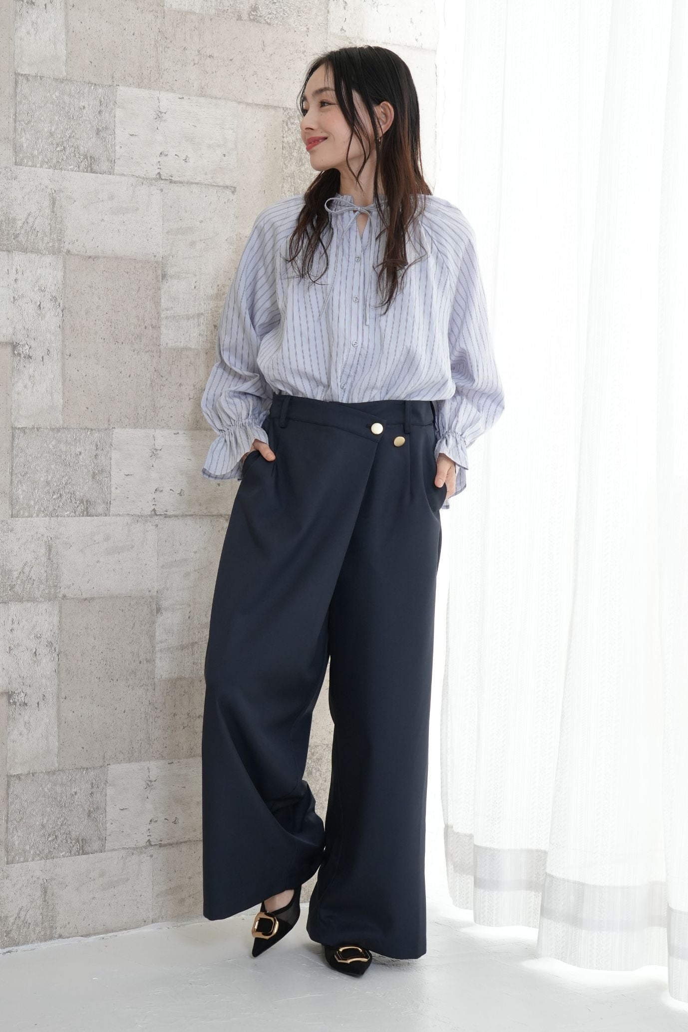 <50%OFF>ストライプフリルカラーブラウス