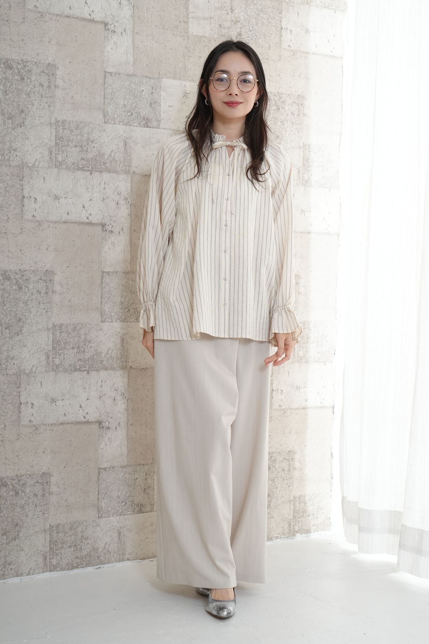 <50%OFF>ストライプフリルカラーブラウス