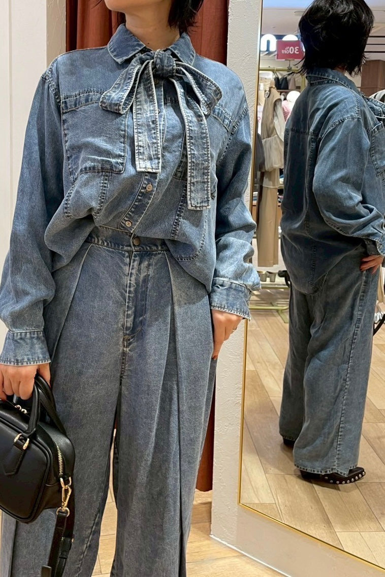 テンセルデニムワイドタックパンツ