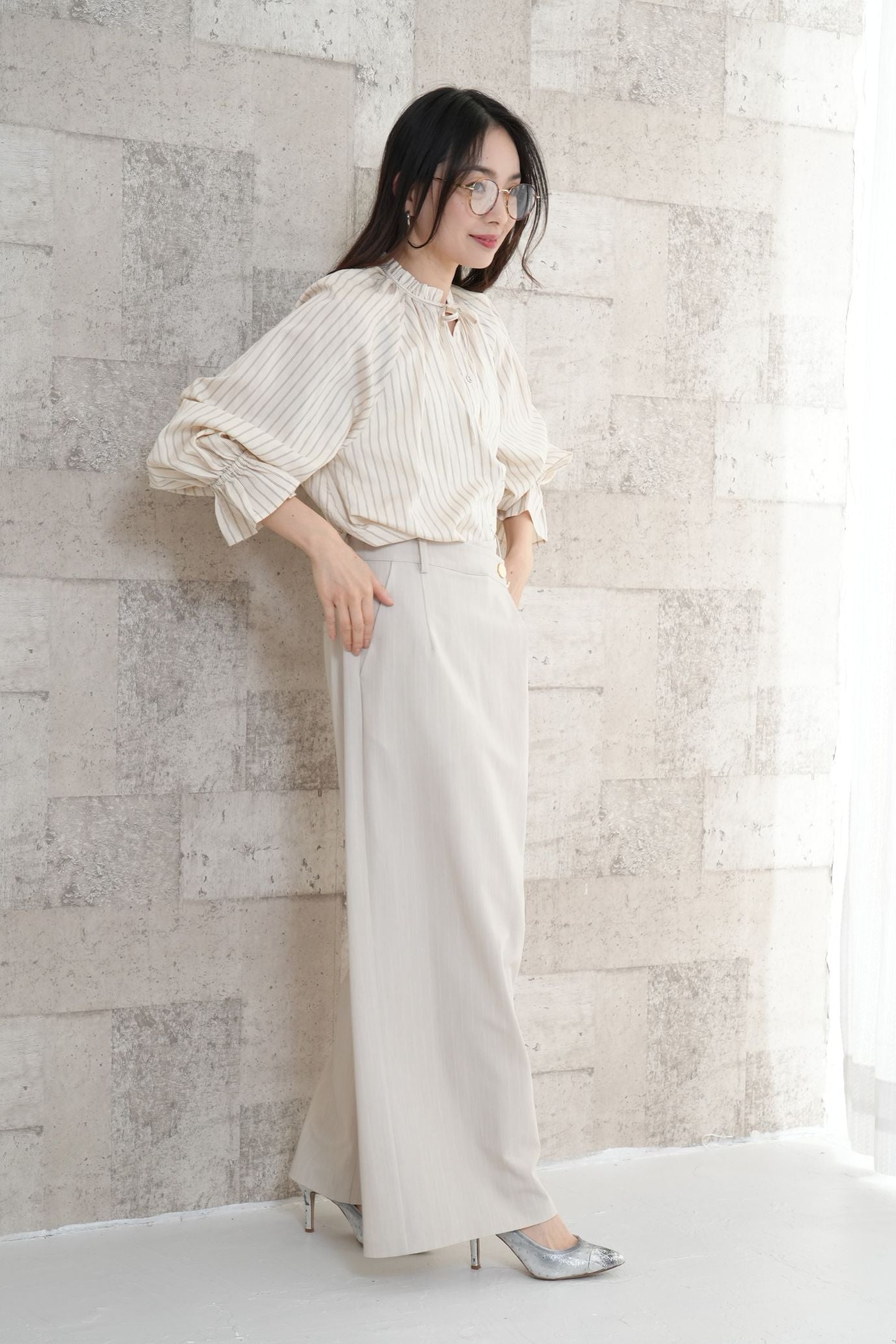 <50%OFF>ストライプフリルカラーブラウス