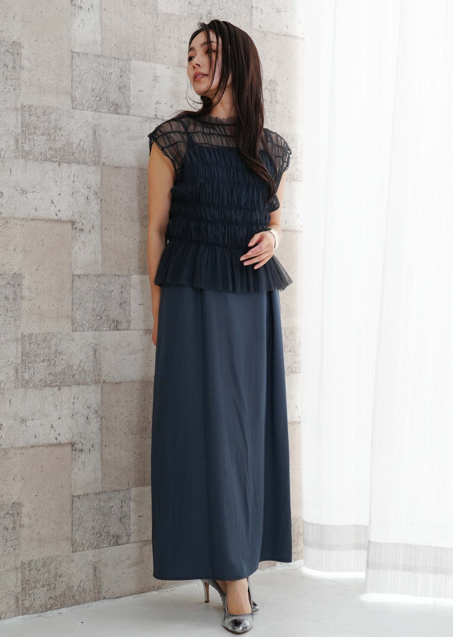 <20%OFF>チュールコンビフレアワンピース