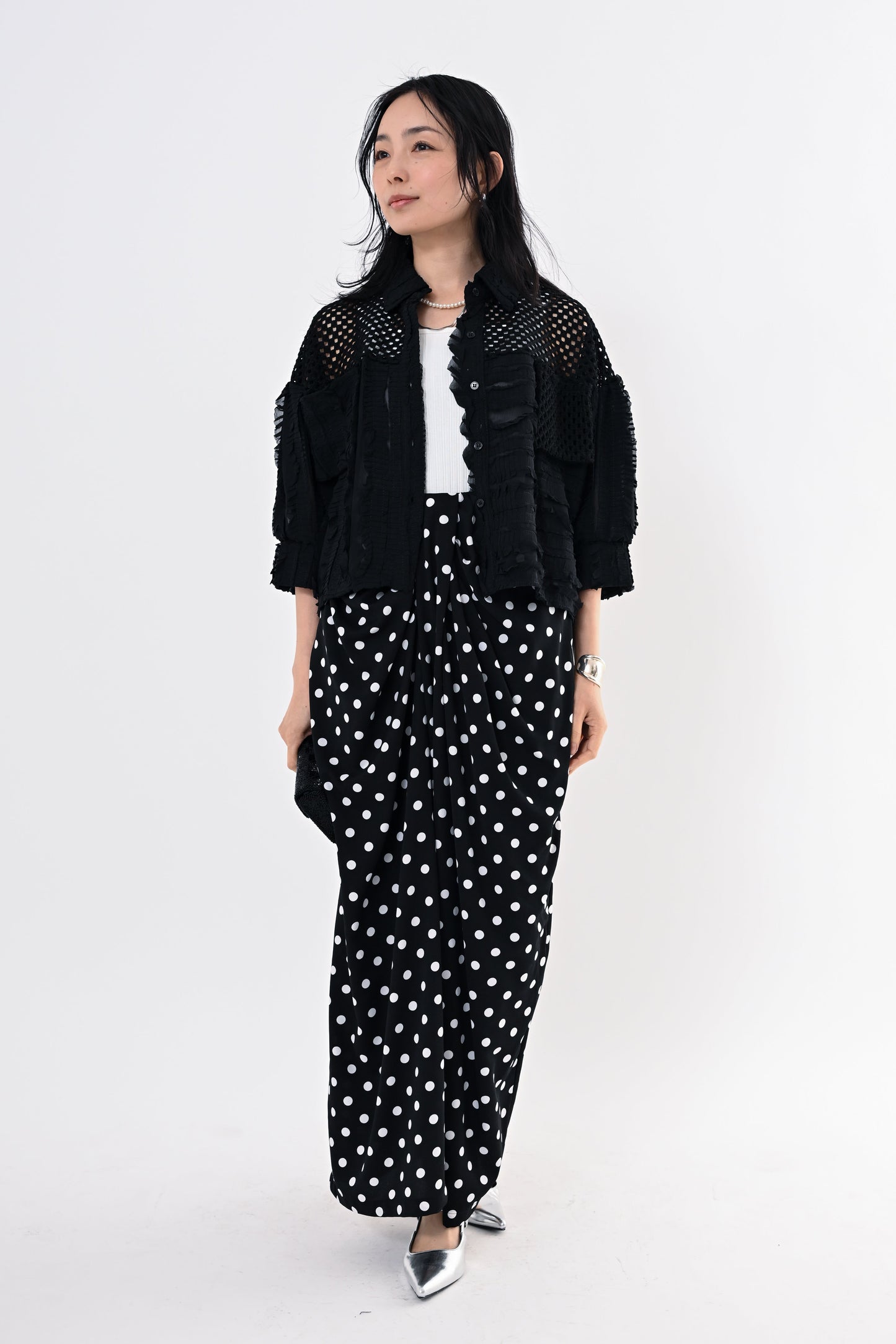 メッシュフリルコンビブラウス