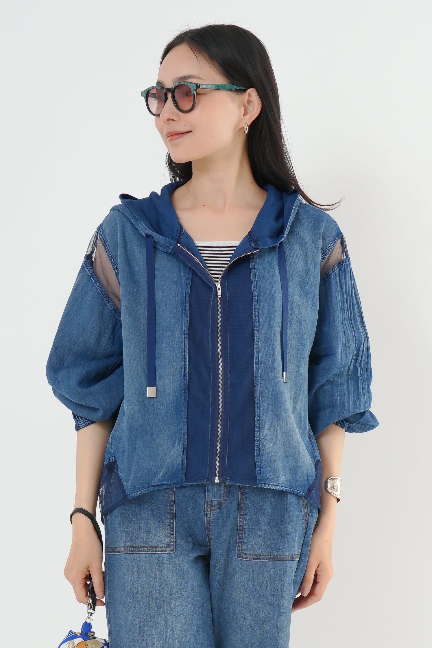 カットデニムモノグラムパーカー単品青M&紺 M シアーデニムパーカー｜ライトアウター｜good mood madam ( グッド