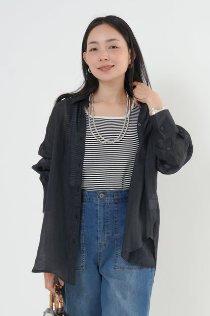 <セット割>シアーリネンシャツ(ブラック) ×ニットタンク(ボーダー)