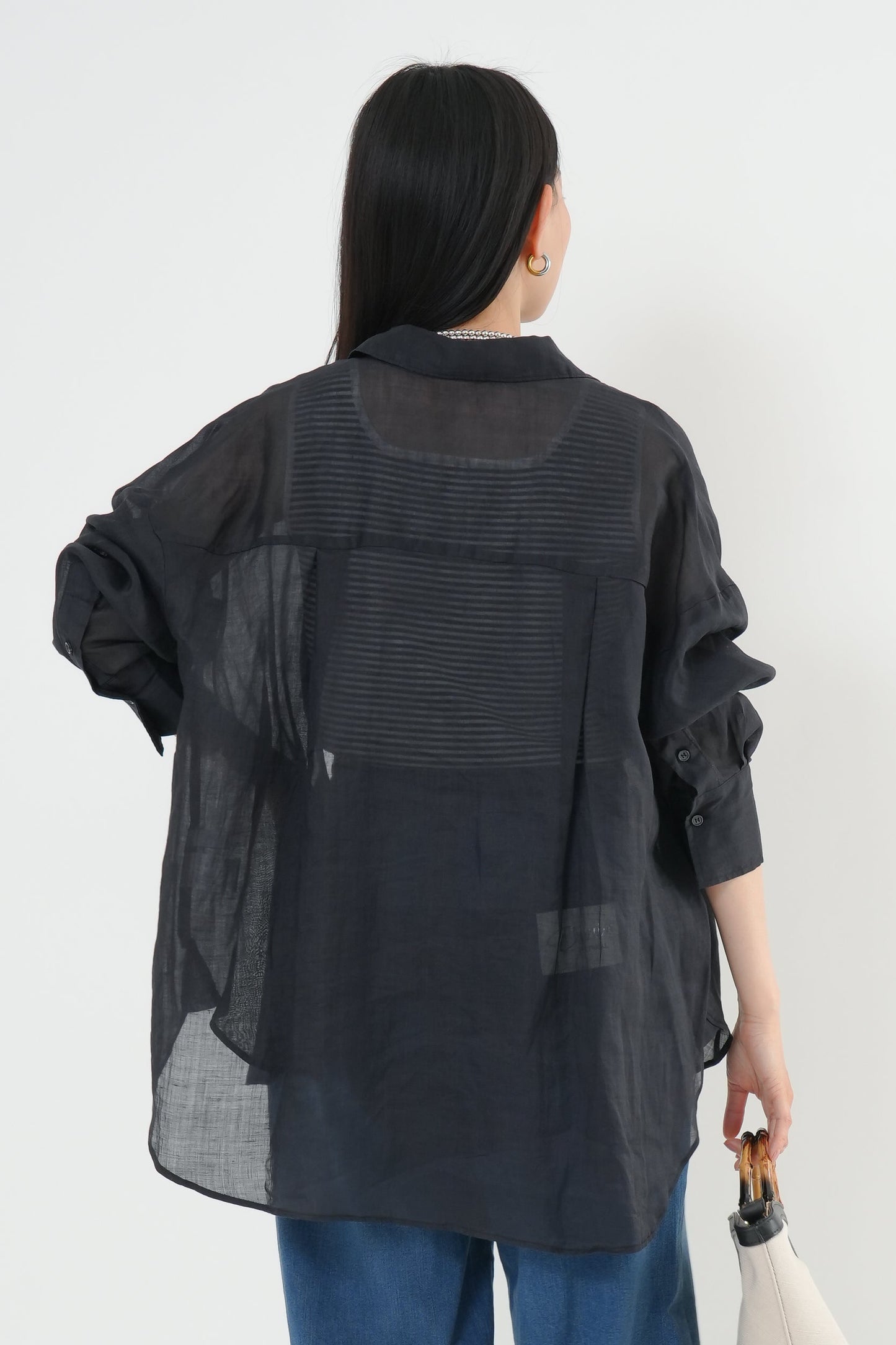 <セット割>シアーリネンシャツ(ブラック) ×ニットタンク(ボーダー)