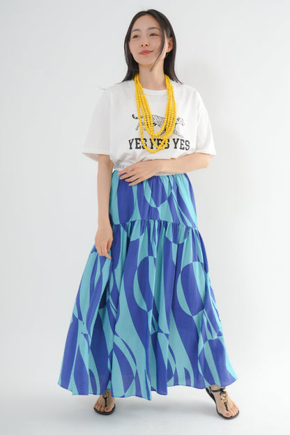 <予約･3点セット>ジャガーTシャツ(オフ)+ジオメトリックスカート(ブルー)+木製ビーズネックレス
