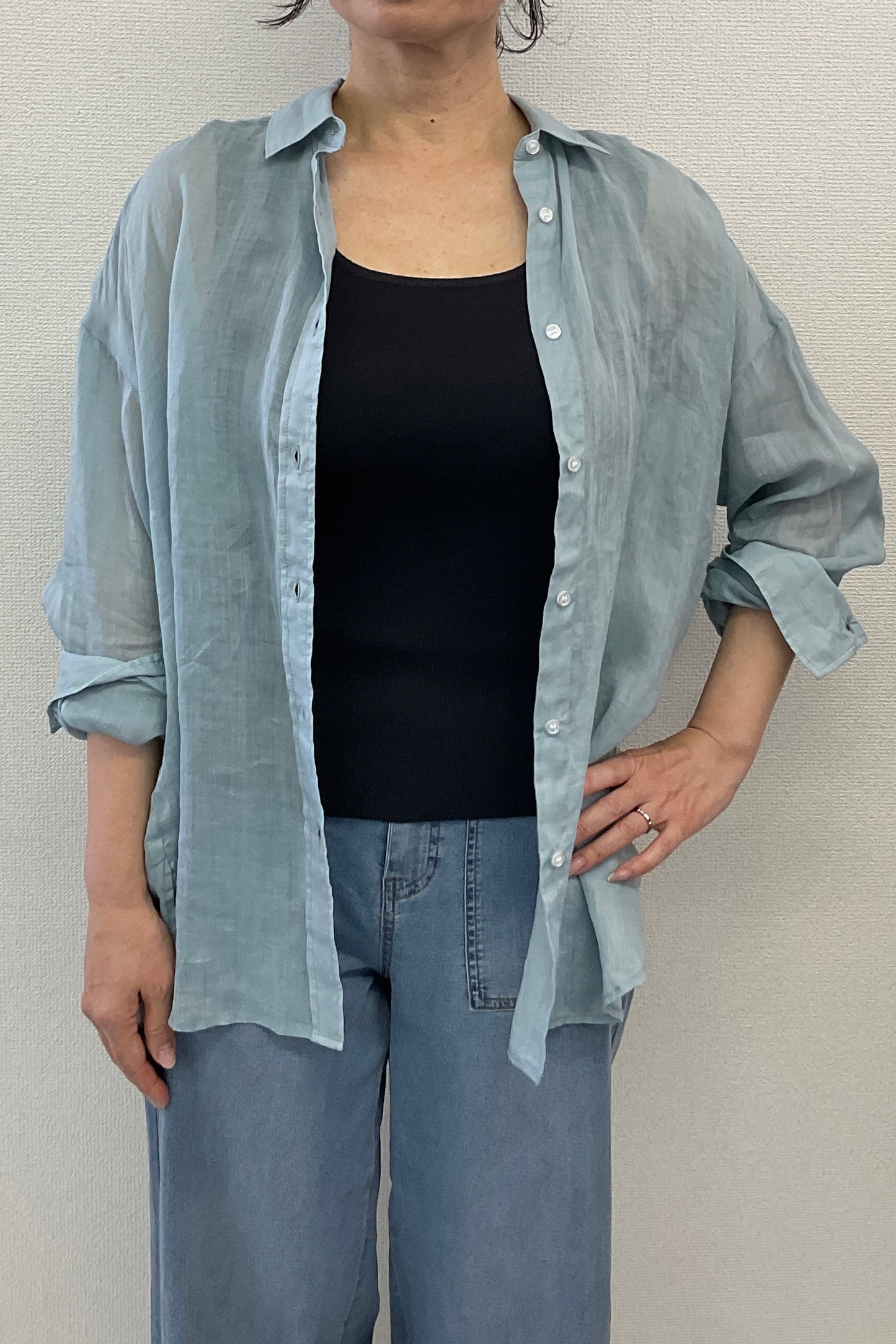 <セット割>シアーリネンシャツ(サックス) ×ニットタンク(無地)