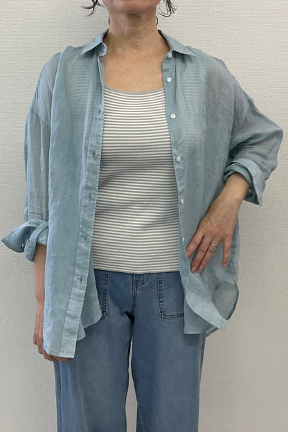 <セット割>シアーリネンシャツ(サックス) ×ニットタンク(ボーダー)