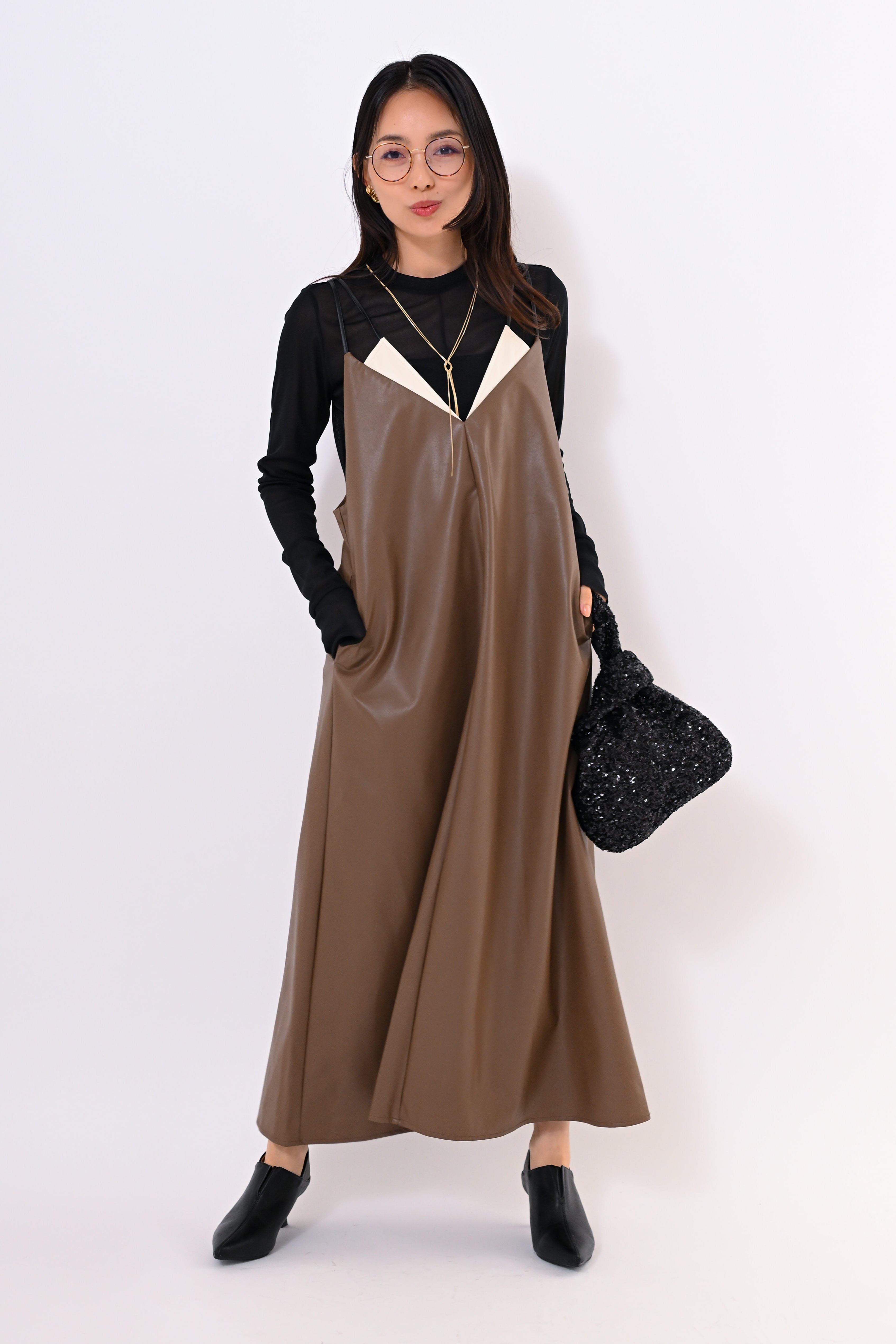 FETICO フェイクレザーキャミワンピース フェイクレザーミニ丈キャミ