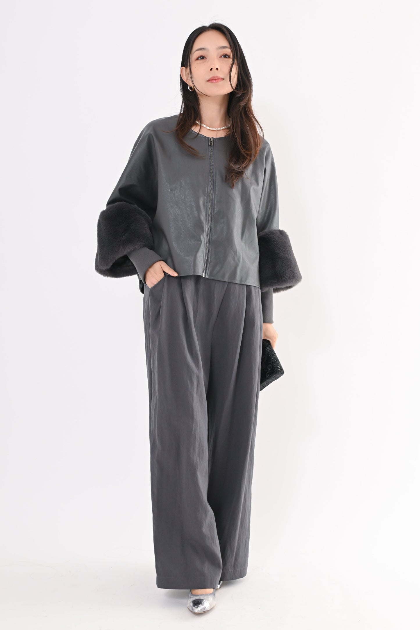 ［ＮＥＷ］フェイクレザーファースリーブジャケット