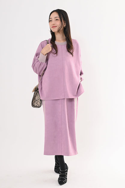 スエード×リブワイドプルオーバー