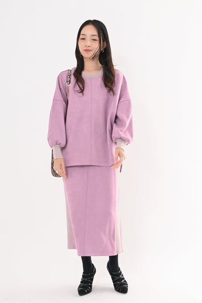 スエード×リブワイドプルオーバー