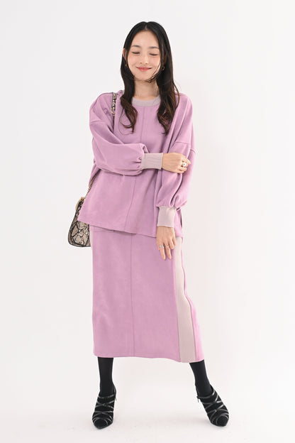 スエード×リブワイドプルオーバー