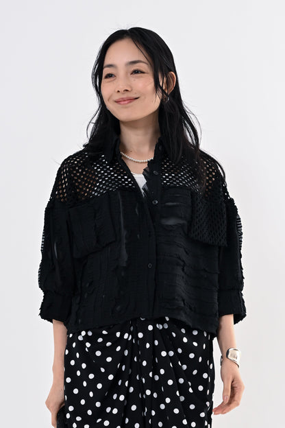 メッシュフリルコンビブラウス