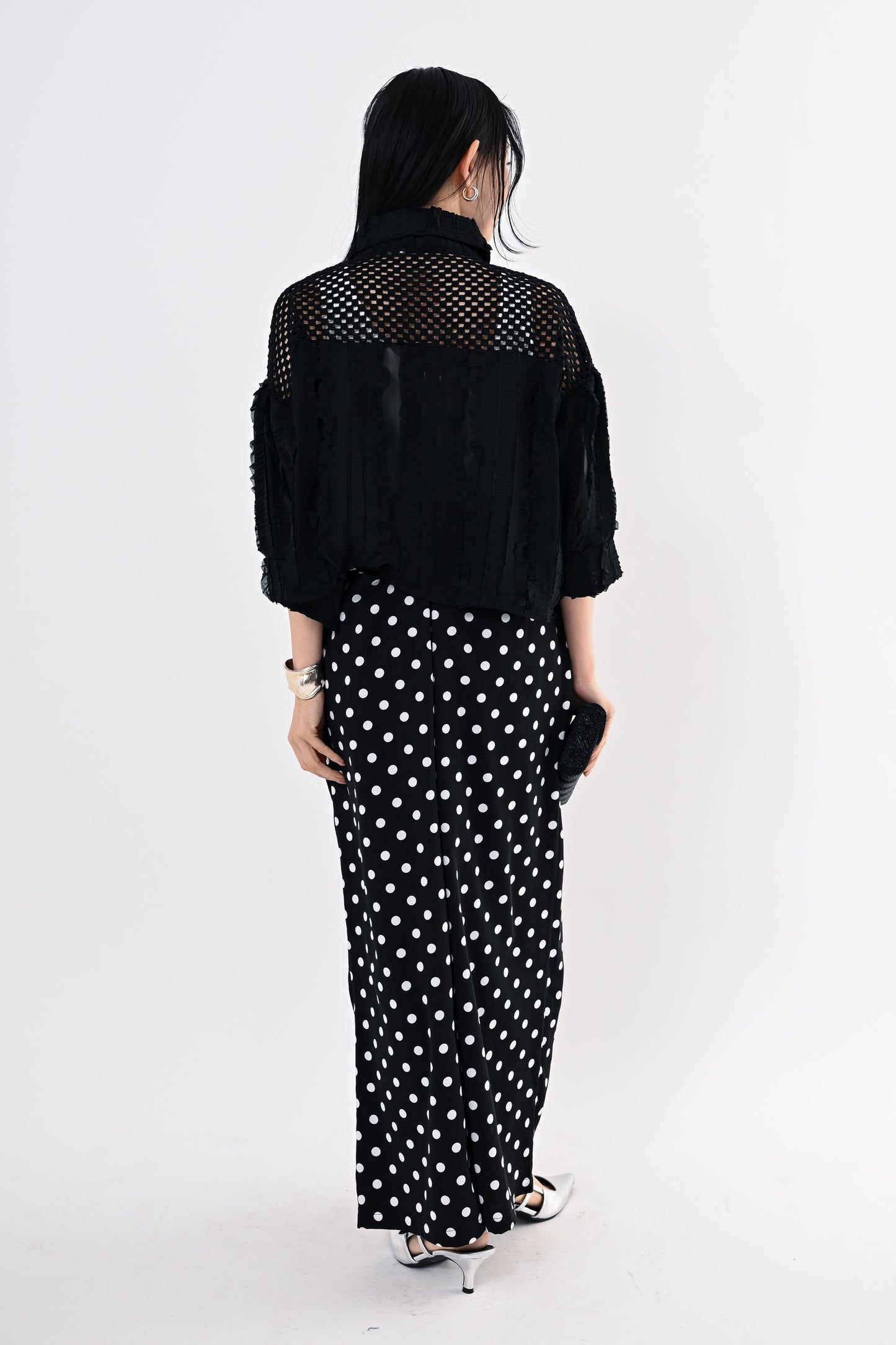 メッシュフリルコンビブラウス