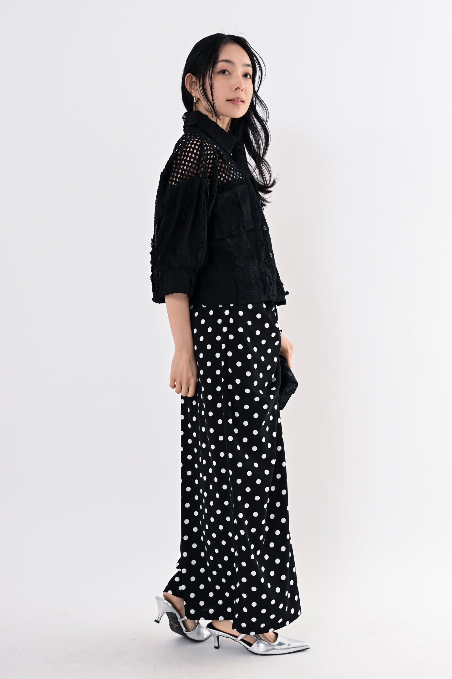 メッシュフリルコンビブラウス