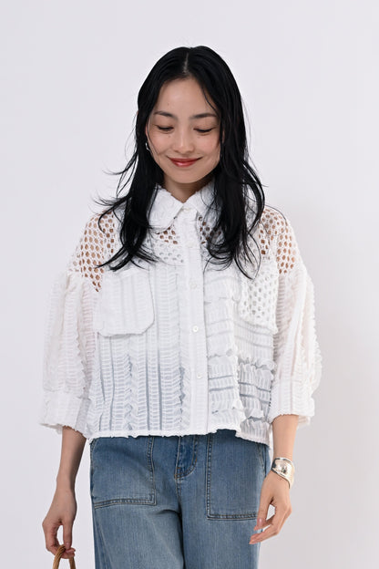 メッシュフリルコンビブラウス