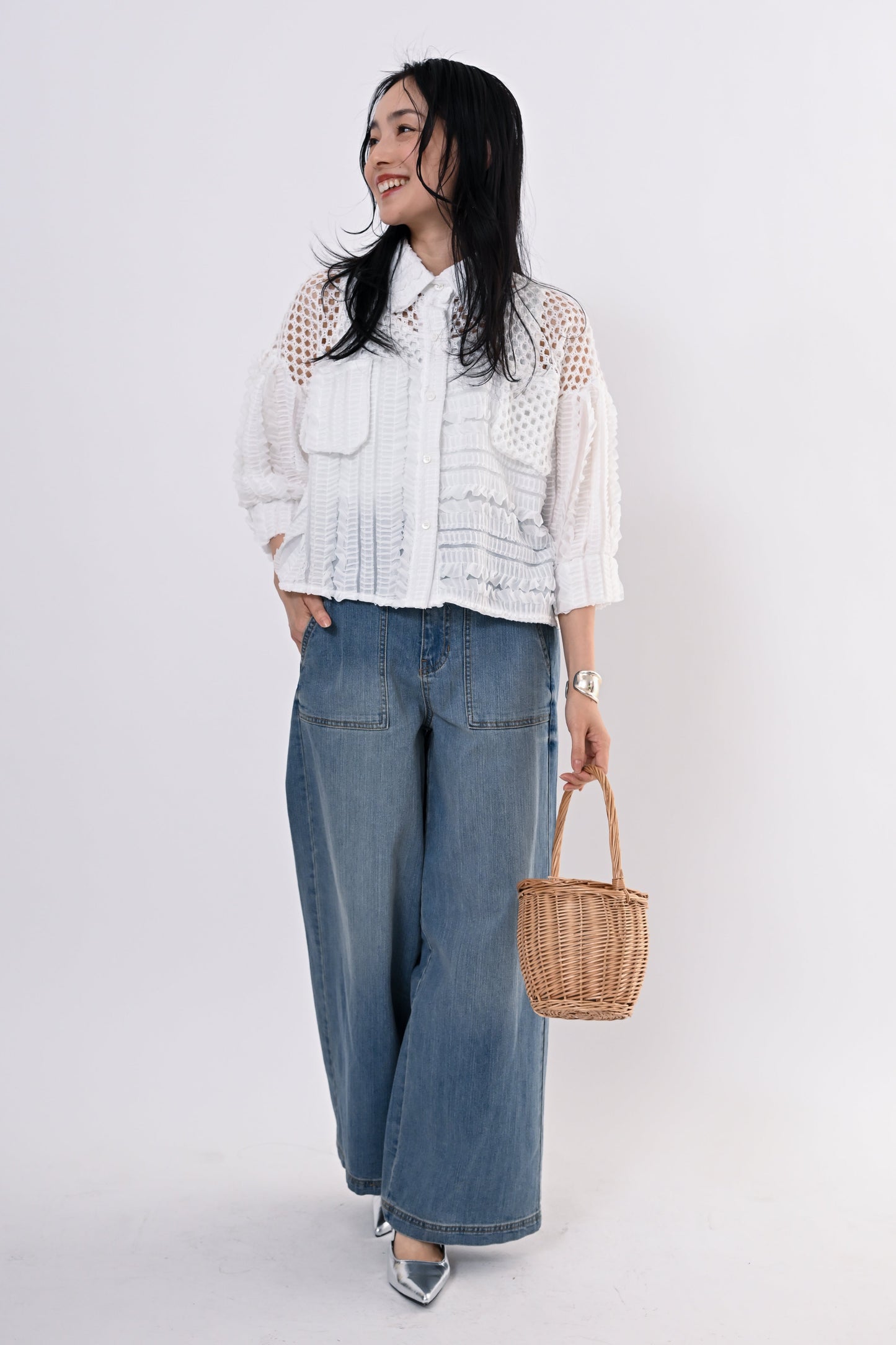 メッシュフリルコンビブラウス