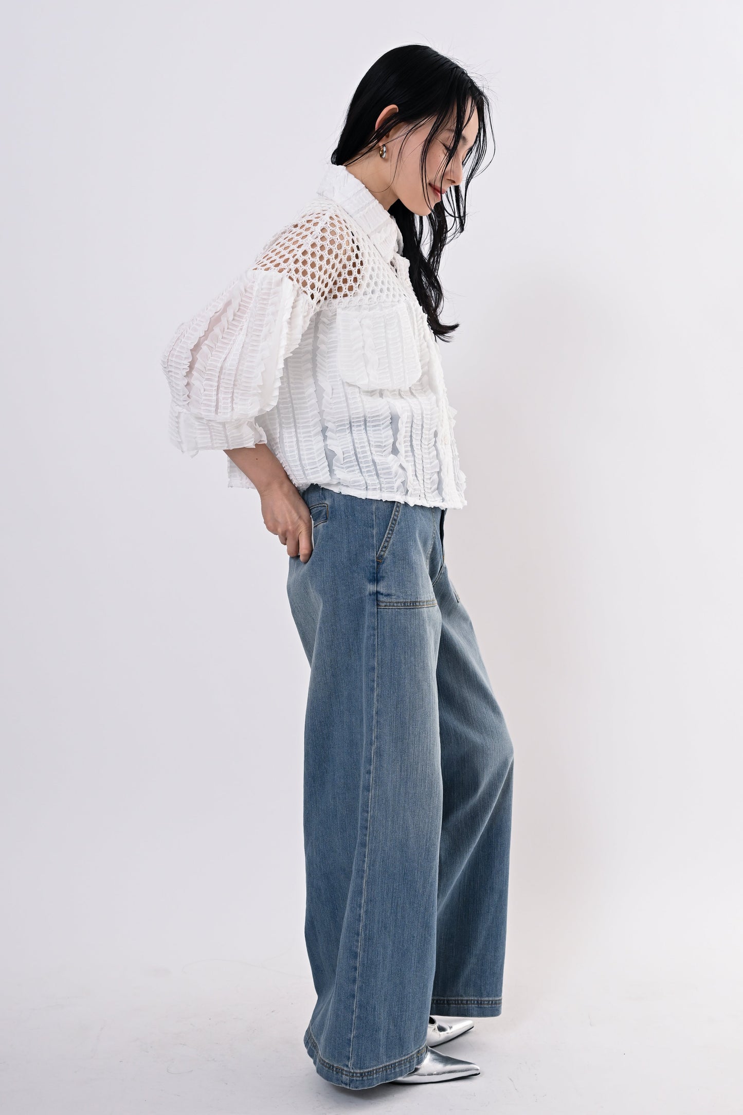 メッシュフリルコンビブラウス