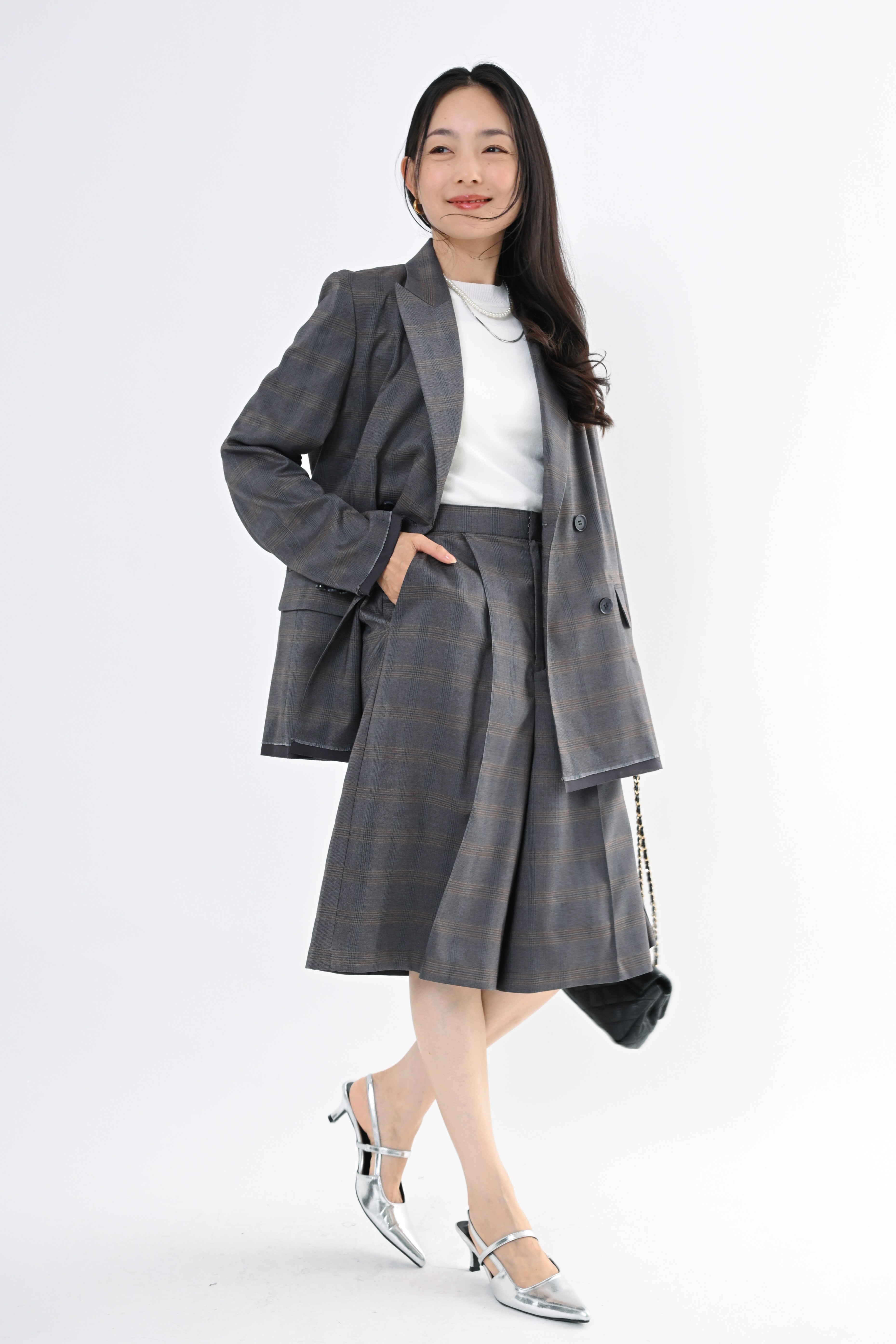 HERENCIA×MMN【別注アイテム】DoubleJacketグレー美品 チェックダブルジャケットシュシュセット｜ジャケット（レディース