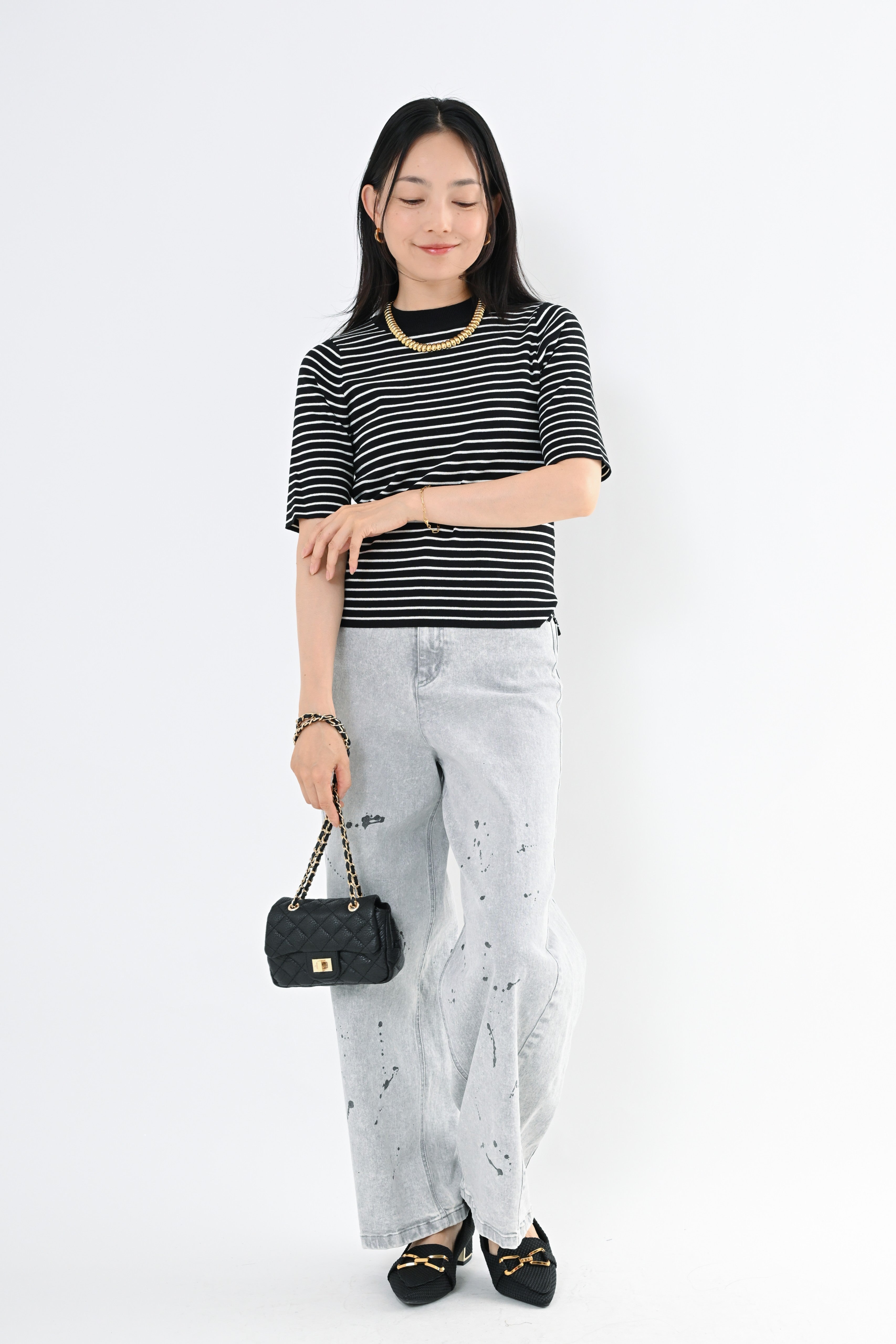 ボーダーリブニット5分袖プルオーバー｜Tシャツ｜good mood madam