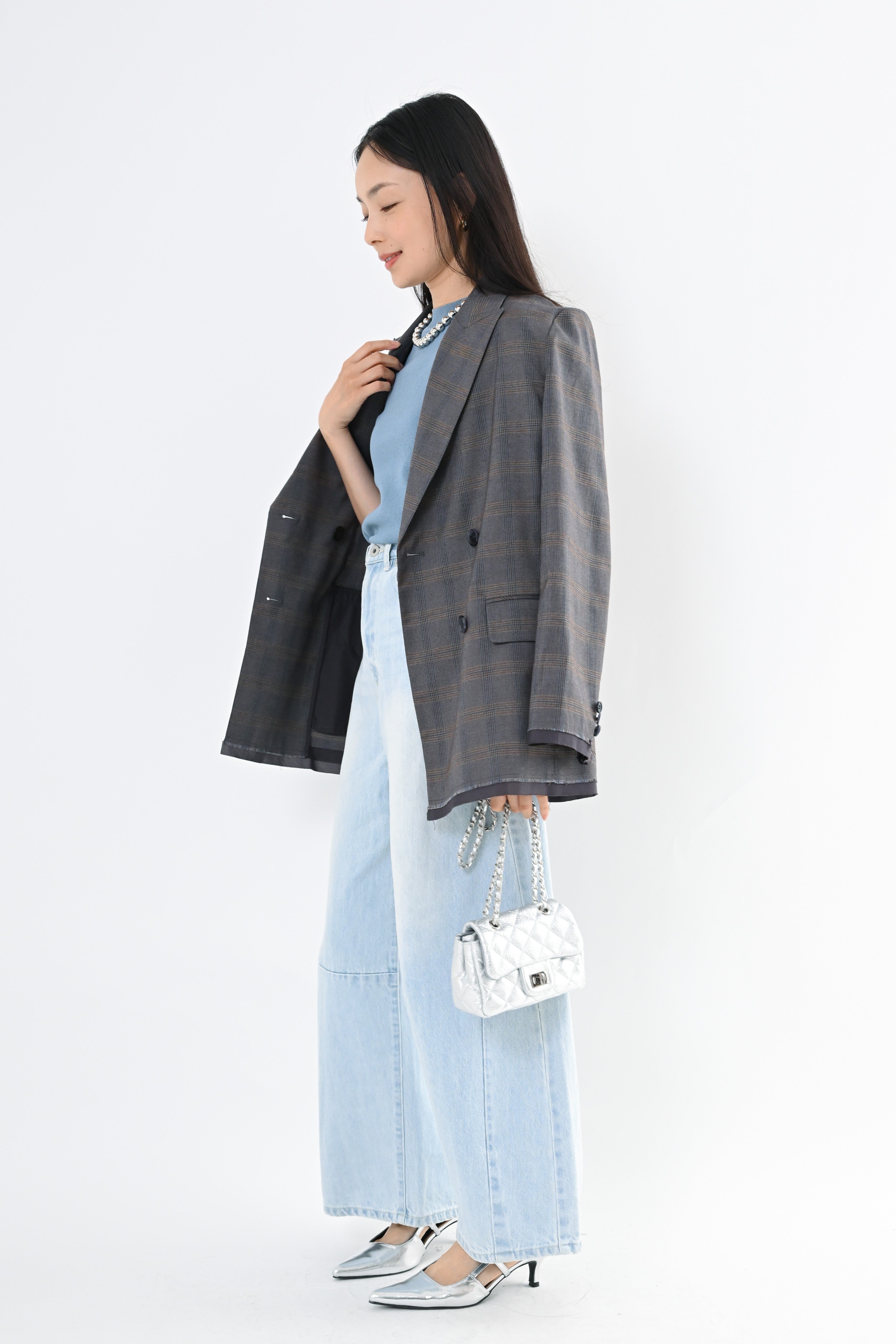 HERENCIA×MMN【別注アイテム】DoubleJacketグレー美品 チェックダブルジャケットシュシュセット｜ジャケット（レディース